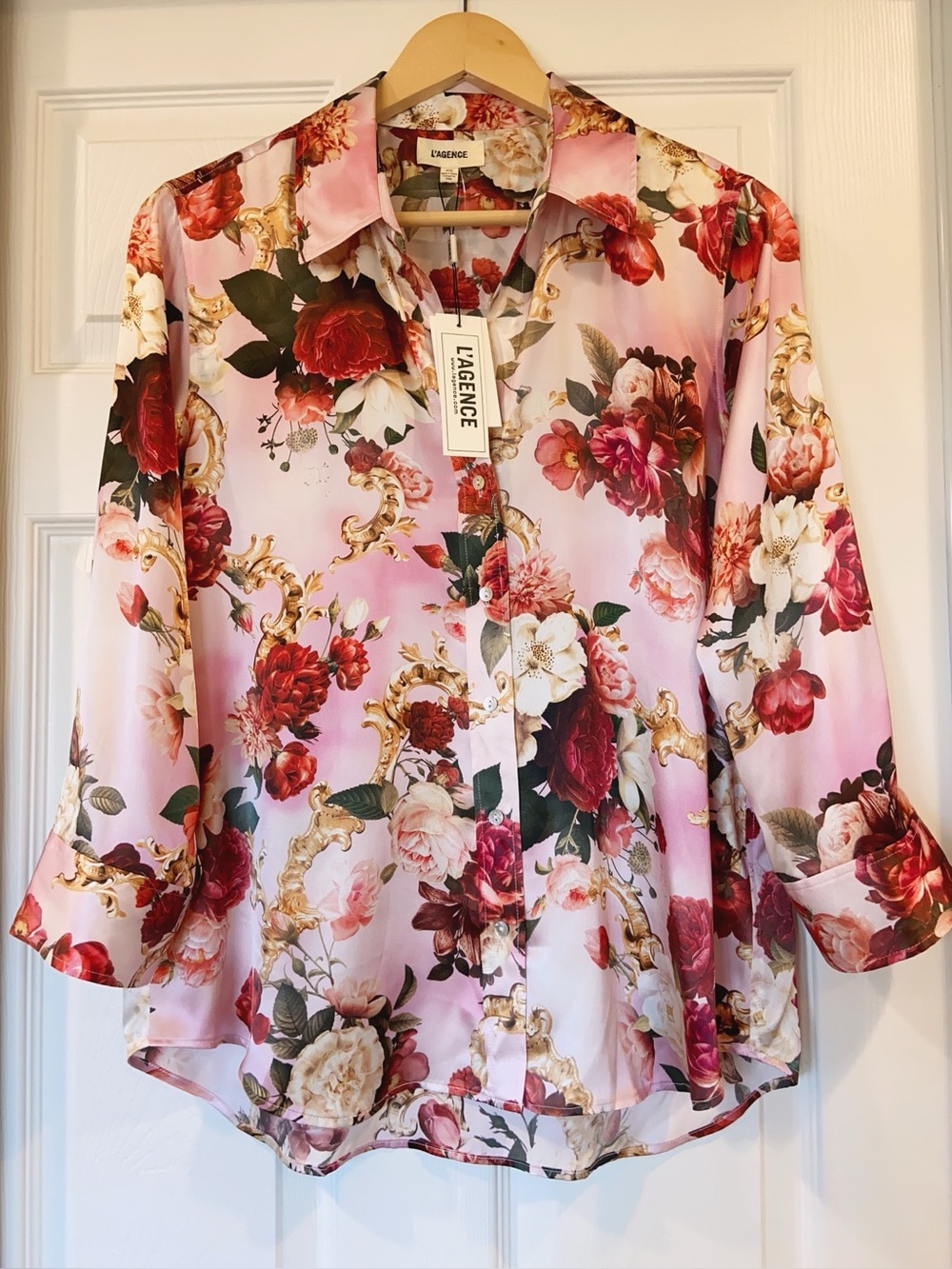 NWT L'Agence Dani Floral Print Silk Shirt In Pink Multi Rococo